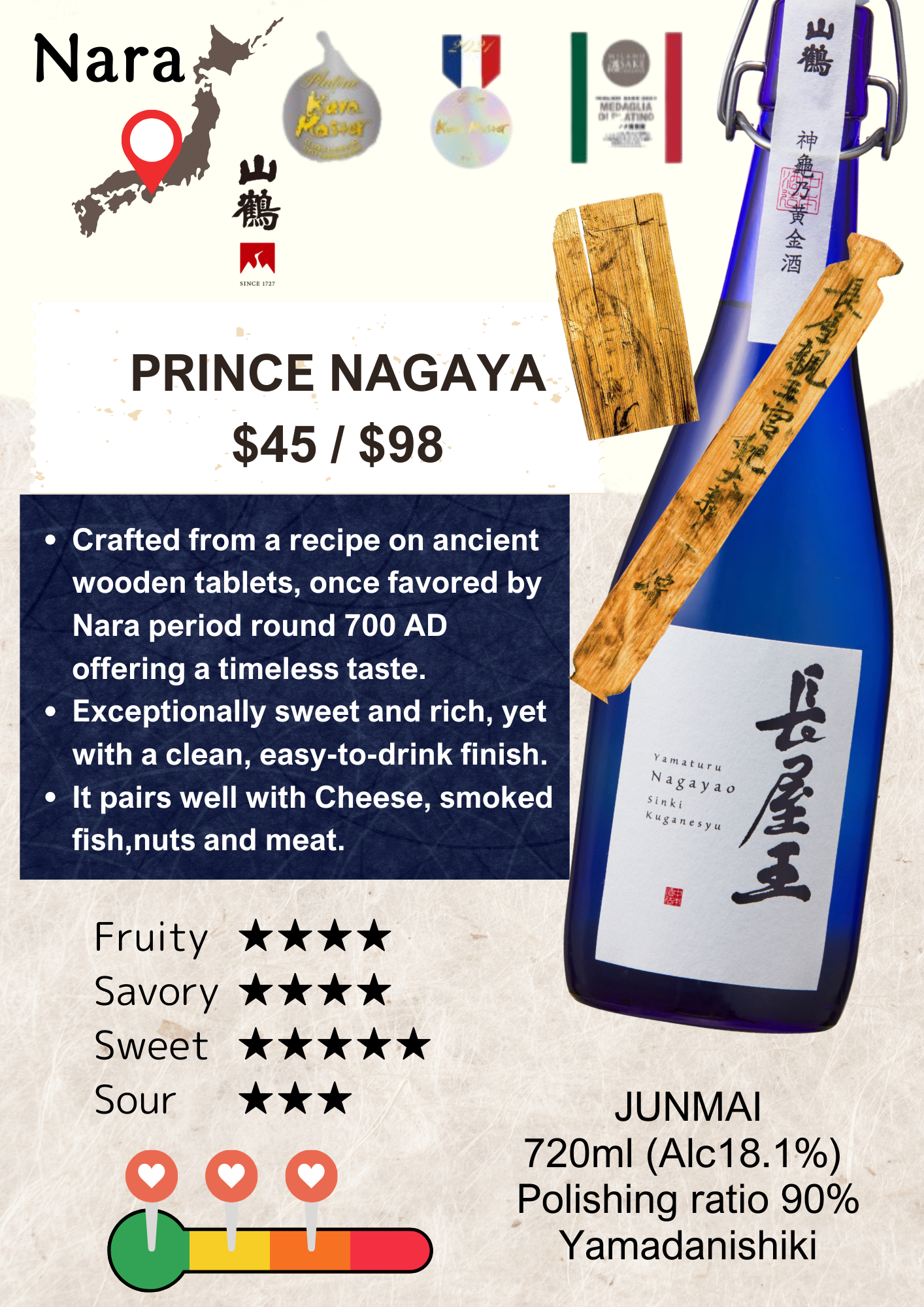 Prince Nagaya Junmai Nagayao  720ml 300ml Sake Nakamoto Yamatsuru 山鶴 長屋王